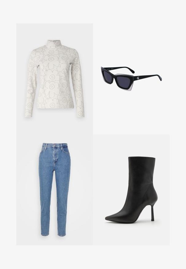 Ilgomis rankovėmis turtleneko marškiniai lengvos grietinėlės spalvos medžiagoje, su iškilniu pilku gėlių raštu, prigludusio silueto ir be užsegimo.; Mėlyni aukšto juosmens tiesaus kirpimo džinsai su priekiniais mygtukais ir užtrauktuku, diržo kilpos ir kišenės, demonstruojami ant švaraus balto fono.; Juodos odinės kulkšninių botai su smailiu pirštu, siauromis stiletto kulnais ir lygaus paviršiaus, turintys minimalistinį dizainą be papuošimų.; Juodos didelės saulės akinių su geometrine forma, turinčiais tamsius objektyvus ir kontrastingą pilką detalę ant rėmelio. Logotipas ant šalon.; Sidabriniai metaliniai auskarai su lygiu, ašaros formos dizainu ir blizgiu paviršiumi. Subtilūs raižiniai prideda detalumo. Minimalistinis dizainas.