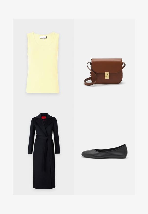 Kollane ribaga tank ülikond ümmarguse kaelusega, sälgukujuliste äärtega ning keskel väikese reljeefse logoga. Valmistatud pehmest kangast, lühikeste varrukatega.; Must musta mantel pikkade varrukatega, mähise disainiga ja sobiva vööga. Valmistatud siledast kangast, omab nurgelisi krae ja küljetaskuid.; Musthave mustika tantsutossud mustast nahast, ümmarguse varbaga, siledast tekstuurist, minimaalse õmblusdetailiga ja paindliku tallakujundusega.; Pruunist nahast käekott, millel on klapiga sulgur, kuldne riistvara, õlarihm ja sile tekstuur. Kompaktne ristkülikukujuline vorm.