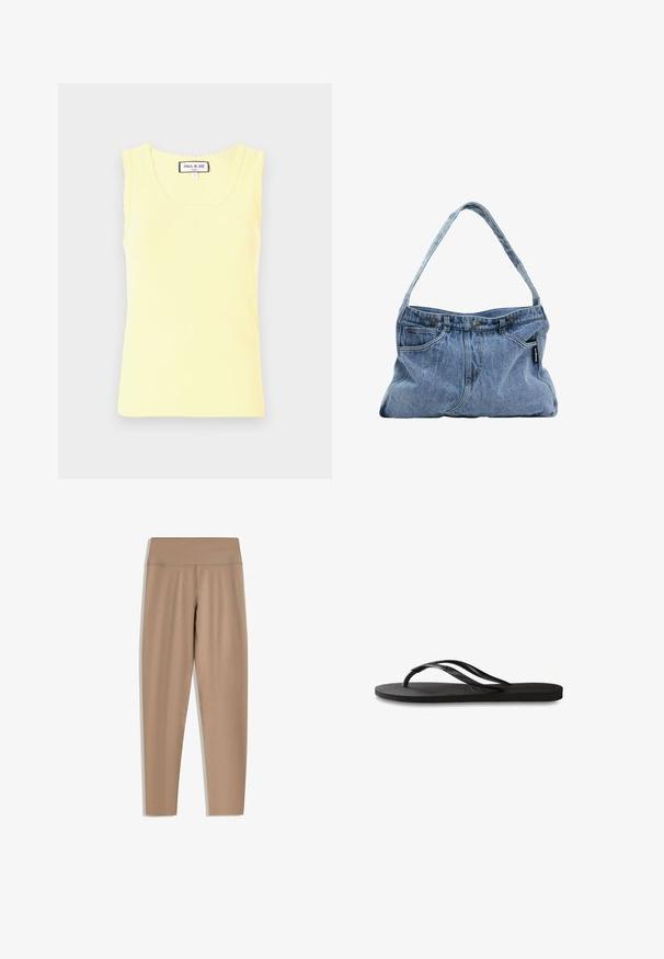 Yellow ribbed tank top with a round neckline, scalloped edges, and a small embossed logo at the center. Made of soft fabric, short sleeves.; Tan leggings with a high waistband, made from smooth, stretchy fabric. Features a streamlined fit and no visible hardware or patterns.; Black flip-flop featuring a textured rubber sole, two slender straps, and a subtle, embossed logo detail on the strap.; Denim shoulder bag with a curved strap, two front pockets, and a buttoned top, featuring light blue fabric and contrasting stitching details.