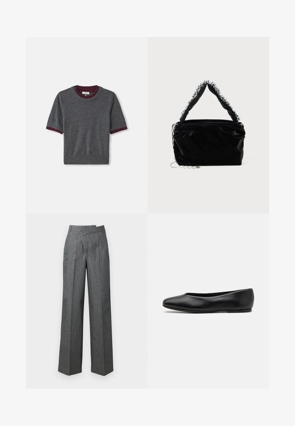 Pilkas trumpas rankovės megztinis su bordo spalvos raukšlėta apykakle ir rankovių galiukais; pagamintas iš minkštos medžiagos, turinčios prigludusią dizaino formą ir lengvą tekstūrą.; Platus kelnes tamsiai pilkos spalvos audinyje, su aukštu liemeniu, priekiniais raukiniais ir viena mygtuko uždarymo sistema šone.; Paul Smith TOPANGA - Balerinos stiliaus laivutės - black; Juodas dirbtinės odos rankinė su tekstūruotu paviršiumi, su sidabriniu karoliukų akcentu viršutinėje rankenoje ir grandinine juosta.