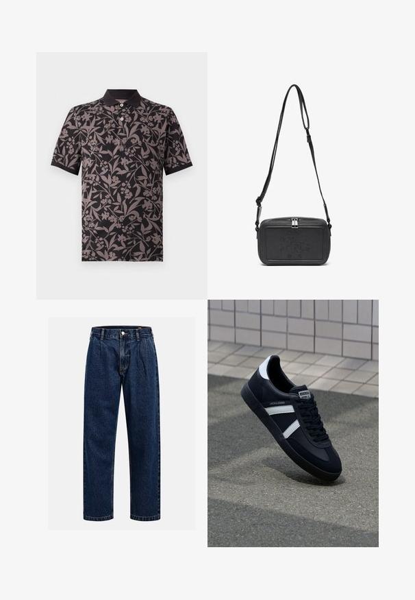 Zwarte polo met een bloemenpatroon in grijstinten. Beschikt over een kraag, korte mouwen en een drievoudige knoopsluiting.; Donkerblauwe denim jeans met een rechtlopende pasvorm. Beschikt over zichtbare stiksels, een knoopsluiting en voorste plooien voor extra detail.; Zwarte leren sneaker met witte strepen, een gestructureerde rubberen zool en vetersluiting aan de voorkant. Voorzien van een merklabel op de tong.; Zwarte leren schoudertas met een ritssluiting, reliëflogo aan de voorkant en een verstelbare schouderriem. Gladde textuur met een rechthoekige vorm.