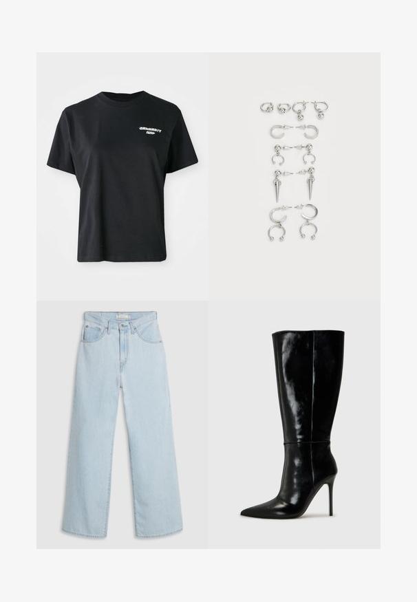 T-shirt en coton noir avec un col rond et des manches courtes. Dispose d'un logo graphique blanc sur la partie supérieure gauche de la poitrine.; Jean large en denim bleu clair à taille haute, avec une fermeture à bouton et zip, deux poches avant et des détails de couture subtils.; Bottes noires en cuir, hautes jusqu'au genou, avec un bout pointu et un talon aiguille haut. Texture lisse et design épuré, avec un minimum de détails.; Ensemble de boucles d'oreilles en argent présentant divers designs : créoles, puces et styles pendants, avec des accents de billes et des éléments pointus.