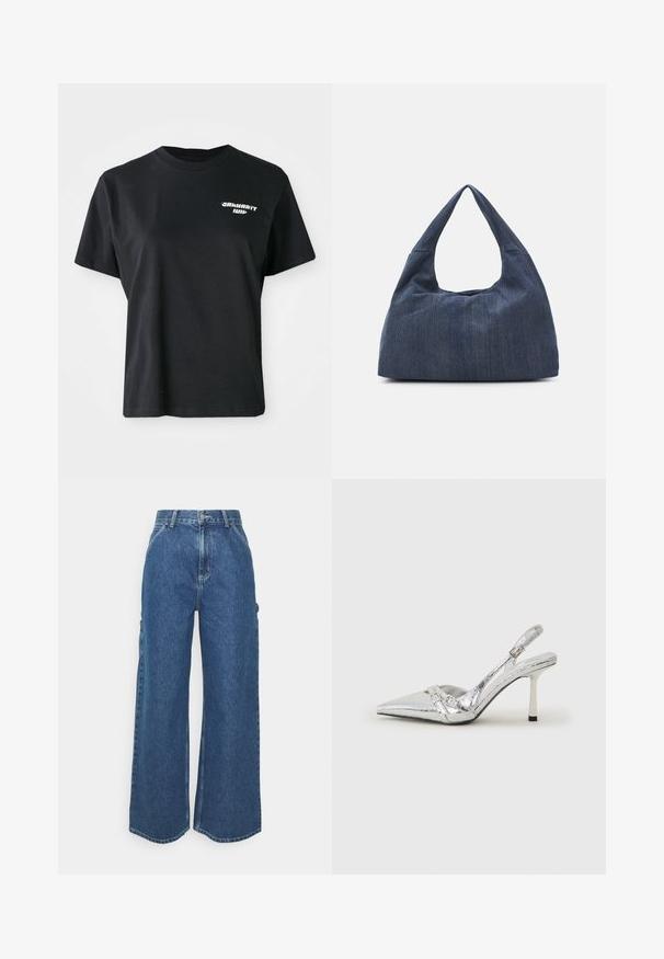 T-shirt en coton noir avec un col rond et des manches courtes. Dispose d'un logo graphique blanc sur la partie supérieure gauche de la poitrine.; Pantalons en denim bleu à jambes larges avec taille haute, couture contrastée et poches latérales, présentant un design classique à cinq poches et des ourlets bruts.; Escarpin argenté à talon aigu, avec un bout pointu, une finition métallique, deux brides décoratives et un talon élancé avec un embout noir.; Sac en denim bleu foncé avec une forme douce et flasque, doté d'une anse de style hobo et d'une surface texturée. Aucune accent matériel visible.