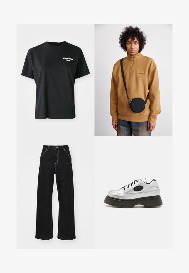 T-shirt en coton noir avec un col rond et des manches courtes. Dispose d'un logo graphique blanc sur la partie supérieure gauche de la poitrine.; Jean large noir en denim, avec des coutures blanches contrastantes et une fermeture à bouton à l'avant, ainsi que deux poches avant en biais.; Baskets en cuir argent avec lacets noirs, bout arrondi et épaisse semelle en caoutchouc. Présente un patch logo distinctif sur le côté.; Sweat-shirt en polaire marron à demi-fermeture éclair avec logo brodé, portant un sac en bandoulière noir avec fermeture éclair et détail de logo, porté sur un jean.