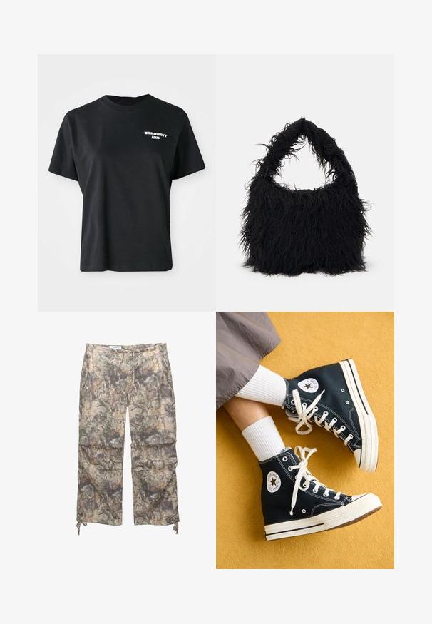 Schwarzes Baumwoll-T-Shirt mit Rundhalsausschnitt und kurzen Ärmeln. Mit einem weißen grafischen Logo auf der linken Brustseite.; Tarnmuster-Hosen aus einem leichten Stoff, mit elastischem Bund, seitlichen Taschen und verstellbaren Kordelzügen an den Knöcheln.; Schwarze High-Top-Canvas-Sneaker mit weißen Schnürsenkeln und Gummisohlen, mit einem runden Converse All Star-Logo auf der Außenseite.; Even&Odd Shopping Bag - black
