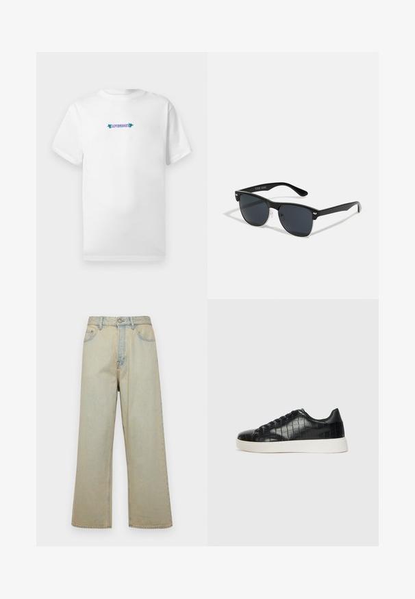 T-shirt branca em algodão com mangas curtas, apresentando um logótipo gráfico em texto "CLEPTOMANICX" em roxo e verde, centrado no peito.; Jeans de perna larga em azul claro, feitos de denim com um acabamento desbotado. Apresenta cinco bolsos e um fecho de botão na frente.; Tênis pretos com cabedal em couro texturizado com relevo de crocodilo, bico arredondado e sola de borracha branca em contraste, com acabamento suave.; Óculos de sol pretos com forma retangular, lentes escuras, detalhes em prata nas hastes e um acabamento mate na armação.