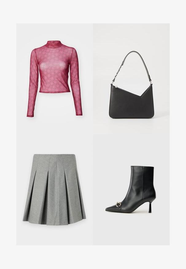 Garie piedakni, pieguļoša augšdaļa no caurspīdīga rozā acu auduma ar atkārtotām smaidošu seju reljefiem. Augsts apkakles dizains ar gludu, vieglu tekstūru.; Grezns pelēks svārki, izgatavoti no teksturēta auduma, ar pieguļošu jostasvietu un izplestu dizainu. Nav redzamu metāla detaļu vai akcentu.; Melnā ādas potīšu zābaku ar smailu purngalu, šauru vidēja augstuma papēdi un sudraba sprādzi sānos uz vienkrāsaina fona.; Melnas ādas rokassomiņa ar trīsstūra formu, šaura siksna un sudraba aksesuāri. Izstrādājumam ir rāvējslēdzēja aizdare un reljefs logotips priekšpusē.