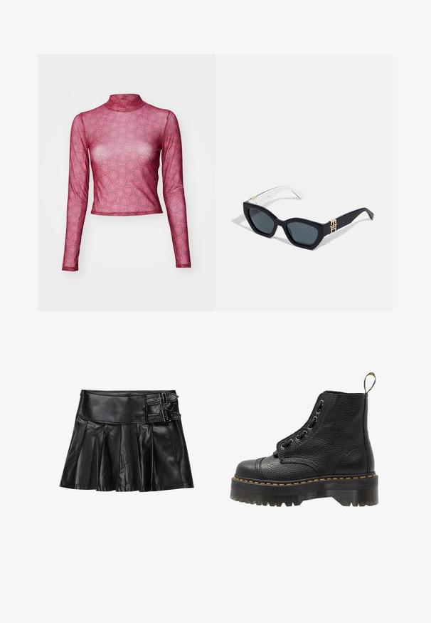 Long-sleeve, fitted top in sheer pink mesh with a repeating smiley face pattern. High neck design with a smooth, lightweight texture.; Black leather skirt with pleats, wide waistband, and two buckle accents on the side. Smooth texture with a glossy finish.; Black leather ankle boot with textured surface, round toe, lace-up design, yellow stitching, and a thick, ridged black platform sole.; Tommy Hilfiger Sunglasses - blue