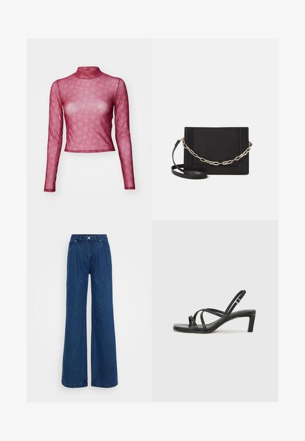 Langermet, tettsittende topp i gjennomsiktig rosa netting med et gjentagende smilefjesmønster. Høg halsdesign med en glatt, lett tekstur.; Bredde ben jeans i blå denim med høy midje, frontlås med knapp og glidelås, samt front- og baklommer mot en ensfarget bakgrunn.; Sorte sandaler med stropper, firkantet tå og lav blokk hæl. Har flere tynne stropper og en justerbar ankelstropp. Laget av glatt lær.; Svart lær crossbody-veske med glatt tekstur, rektangulær form og metallkjede detaljer på framsiden. Justerbar stroppe inkludert.