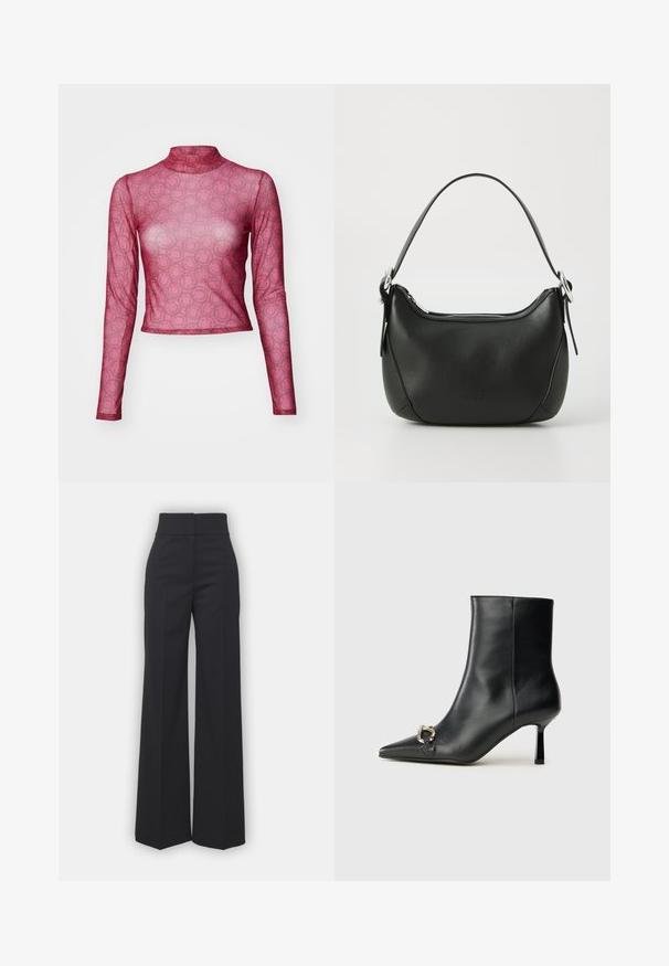 Long-sleeve, fitted top in sheer pink mesh with a repeating smiley face pattern. High neck design with a smooth, lightweight texture.; Wide-leg trousers in black fabric with a high waistband, featuring a clean finish and smooth texture. No visible hardware or patterns.; Black leather ankle boot with pointed toe, slim mid-height heel, and silver buckle detail on side against plain background.; Black leather handbag with a curved shape, silver zipper, and a short handle. Features a subtle logo on the front and smooth texture.