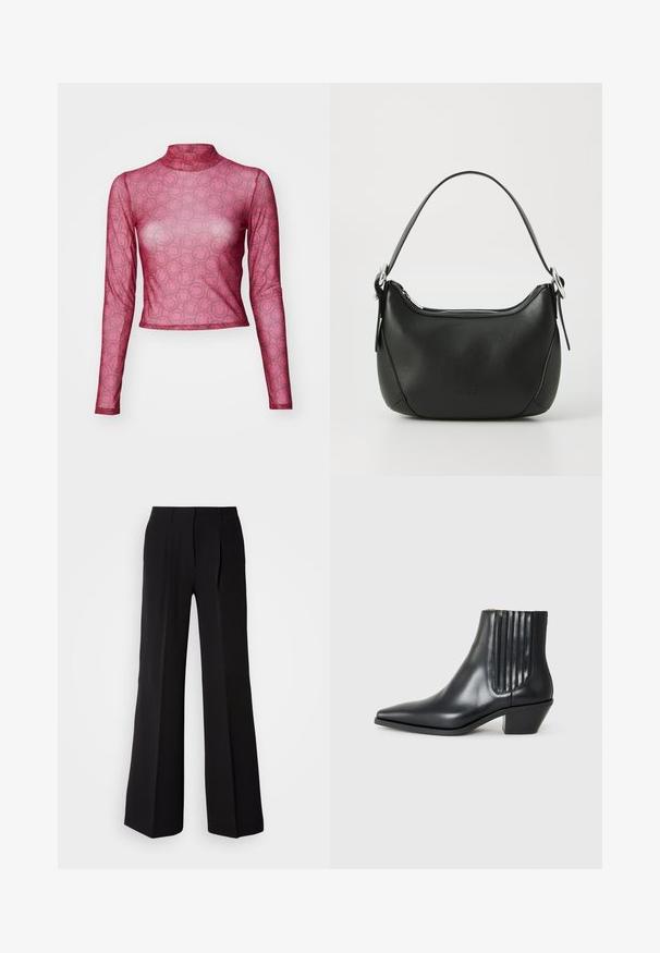 Długi rękaw, dopasowany top z przezroczystej różowej siateczki z powtarzającym się wzorem uśmiechniętej buźki. Wysoka szyja, miękka i lekka faktura.; Czarne spodnie wykonane z gładkiej tkaniny, z wysokim stanem, szerokimi nogawkami oraz dwoma frontowymi zakładkami dla dodatkowego efektu wizualnego.; Czarne skórzane botki za kostkę z wysmuklonym noskiem, elastycznymi bocznymi panelami z pionowymi rowkami oraz niskim blokowym obcasem. Gładka tekstura i elegancki design.; Czarna skórzana torebka o zaokrąglonym kształcie, z srebrnym zamkiem błyskawicznym i krótkim uchwytem. Posiada subtelne logo z przodu i gładką teksturę.