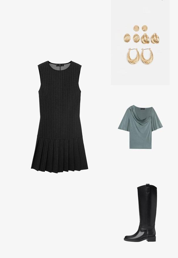 Kortærmet top i lysegrøn stof med draperet udskæring og svungne ærmer. Glat tekstur, moderat pasform og ensfarvet.; Sort ærmeløs kjole med vertikale striber, en tætsiddende overdel og en kigget nederdel. Stoffet er glat med en let struktureret finish.; Sorte knæhøje støvler lavet af glat syntetisk materiale. Har en rund tå, lav blokhæl og lodrette sømdetaljer.; Creme læderhåndtaske med en halvmåneform, guldhardware, sorte accenter og en aftagelig Rem. Har en kædedetalje og mærke.; Guldtonede øreringe sæt med tre par: teksturerede ovale studs, bølgende designs studs og store hoop øreringe med lagdelte rifler.
