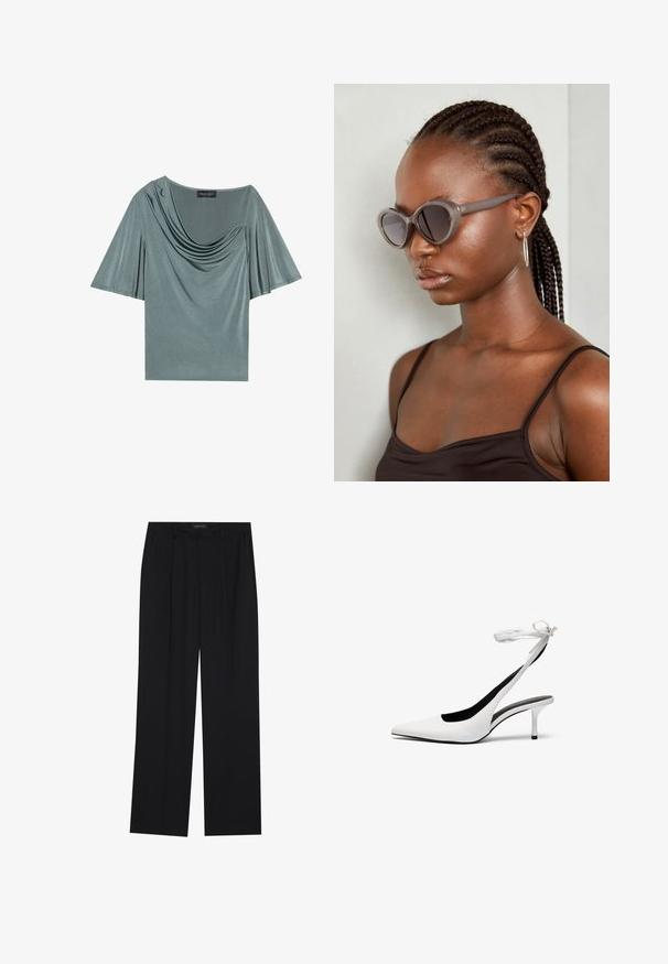 Šviesiai žalia trumpomis rankovėmis palaidinė su drapiruotu kaklu ir plačiomis rankovėmis. Lygus paviršius, suspaustas siluetas ir vientisa spalva.; Juodos kelnes su tiesiomis sijonais, turinčios dvi priekinės kišenės ir juosmenį. Pagamintos iš lygios, lengvos medžiagos.; Balti smaili ovalo pirštai su banguota atvira užsegimo juosta. Lygi odinė medžiaga, plonas stiletto kulnas ir juodas vidinis pamušalas.; Pilki per dideli akiniai suapvalinta forma ir tamsiais lęšiais. Išskirtinės plastikinės rėmo formos glotnus paviršius. Modelis turi nertas plaukus.