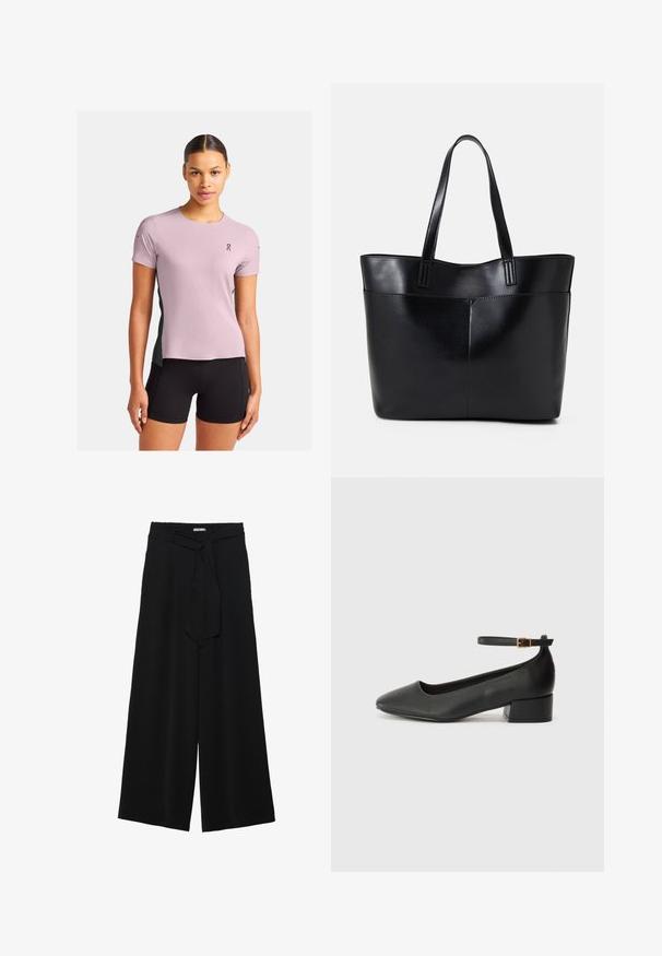 On PERFORMANCE - T-shirt till träning - mauve lead; Svarta vida byxor med texturerad tyg, elastisk midja och en avtagbar käppknut i midjan för justerbar passform.; Svart läderpump med spetsig tå och en låg klack. Har en ankelsnodd med en guldtonad spänne. Slät textur.; Svart läder tote-väska med två långa handtag, en slät yta och en strukturerad form. Har en framficka för extra förvaring.