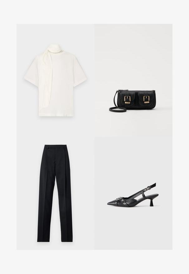 Tricou alb cu mânecă scurtă, având un accent din țesătură drapată la gât. Făcut dintr-un material moale, cu o croială lejeră și o textură netedă.; Pantaloni negri dintr-un material neted, cu talie înaltă, picioare largi, pliuri frontale și loop-uri clasice pentru curea. Fără buzunare laterale vizibile.; Pantofii slingback din piele neagră, cu vârful ascuțit, curele decorative cu ochiuri din metal și toc bloc mic. Suprafață texturată.; Geantă neagră din piele, tip crossbody, cu două buzunare frontale, catarame aurii, închidere cu fermoar și o curea subțire. Suprafață texturată și formă rectangulară compactă.