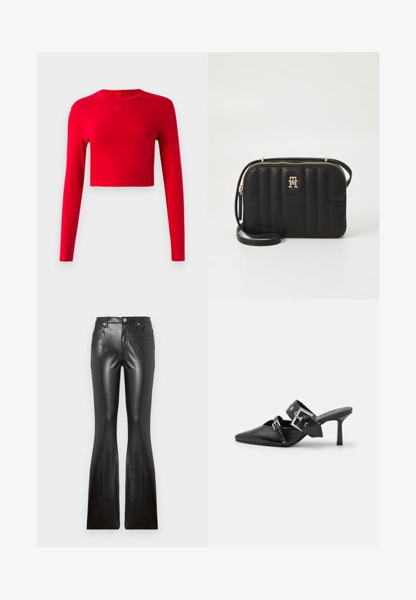 Red long-sleeve cropped top with round neckline and small embossed "HUGO" logo centered below collar on plain background.; Black leather flared pants featuring a smooth texture, five pockets, front button closure, and a fitted silhouette through the thighs.; Black high-heeled mules with a pointed toe, made of smooth leather. Features a wide ankle strap with a square silver buckle and studs.; Black quilted crossbody bag made of synthetic material with gold-tone hardware, featuring a zip closure and logo detail on the front.