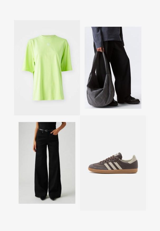 Camiseta oversized verde lima de algodón, con cuello redondo y mangas cortas. Pequeño logo blanco de Adidas en el pecho.; Jeans de pierna ancha negros con una cintura alta, hechos de mezclilla. Cuenta con un cinturón negro con una hebilla ajustable y bolsillos laterales. Costuras detalladas visibles.; Zapatilla de cuero marrón con tres rayas de color claro, suela de goma, puntera redondeada y acentos de ante texturizados en el talón y la punta.; Bolso de hombro de tela gris con una forma relajada, con textura suave y correas anchas. El bolso es sostenido por una persona que lleva pantalones oscuros.