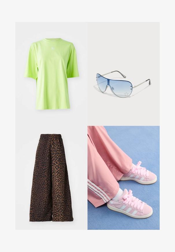 T-shirt oversize verde lime in cotone, con colletto rotondo e maniche corte. Piccolo logo Adidas bianco sul petto.; Pantaloni a gamba larga realizzati in tessuto morbido, con uno sfondo marrone e una stampa leopardata nera e una vita elastica.; Scarpe da ginnastica rosa con strisce azzurro chiaro, punta tonda e spesse lacci rosa, abbinate a pantaloni da jogging rosa con strisce bianche ai lati.; Occhiali da sole aviator con lenti blu sfumate, montatura in metallo argentato e decorazioni a forma di stella sulle lenti. Design liscio e sofisticato.