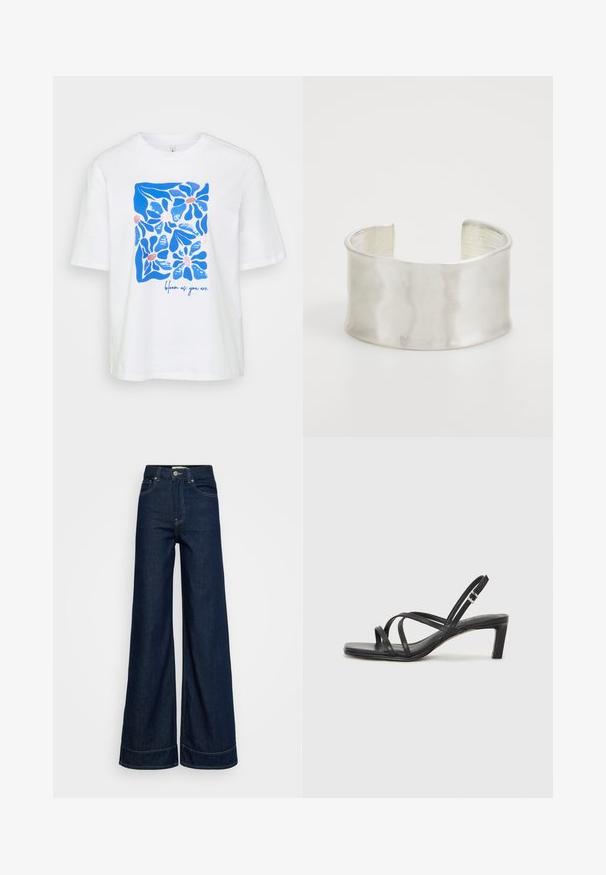 White cotton t-shirt with short sleeves featuring a blue floral design and the text "bloom as you are" in blue. Simple, relaxed fit.; Dark blue high-waist wide-leg jeans with front pockets, belt loops, button closure, and visible stitching on a white background.; Black strappy sandal with a square toe and a low block heel. Features multiple thin straps and an adjustable ankle strap. Made of smooth leather.; Zign Bracelet - silver-coloured