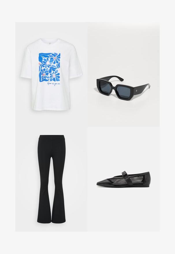 White cotton t-shirt with short sleeves featuring a blue floral design and the text "bloom as you are" in blue. Simple, relaxed fit.; Black flared pants made of stretchy fabric, featuring a high waistband and a smooth texture. The pants flare out from the knee.; Black flat shoe with a pointed toe, mesh side panels, and a strap with a buckle detail. Smooth finish on the toe and heel sections.; Black oversized sunglasses with a geometric design, rectangular lenses, and glossy finish. No visible branding on the front.; Gold hoop earrings with a smooth, rounded design. Features a small hinge closure, lightweight appearance, and a polished finish.
