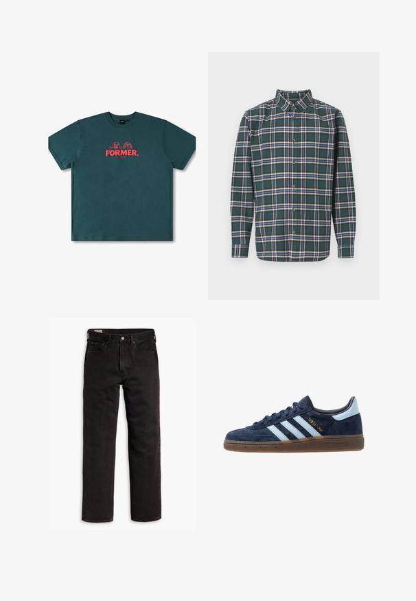 Teal bomulds T-shirt med korte ærmer, rund halsudskæring og et centralt grafisk motiv med teksten "FORMER." og legende figurer i rød.; Grøn flannelskjorte med et ternet mønster, der har blå, hvid og sennepsgul linjer. Knappet front og spids krave. Lange ærmer.; Sorte lige bukser i denim med fem lommer, knaplukning og bæltestropper, lagt fladt ud på en hvid baggrund.; Navyblå ruskinds Adidas sneakers med lyseblå striber, gummisål, lyseblå hælflap og guld "Spezial" branding på siden.
