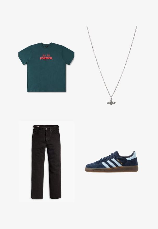Teal cotton t-paita, jossa on lyhyet hihat, pyöreä kaula-aukko ja keskeinen graafinen kuvasto, jossa on teksti "FORMER." ja leikkisiä hahmoja punaisina.; Mustat suorat farkut, joissa on viisi taskua, nappisulku ja vyölenkit, aseteltuna tasaisesti valkoista taustaa vasten.; Adidaksen tummansininen mokkanahkakengät vaaleansinisin raidoitta, kumipohja, vaaleansininen kantatuki ja kultainen "Spezial" -merkintä sivussa.; Hopeaketju, jossa on yksityiskohtainen riipus planeetan muodossa, koristeltuna pienillä yksityiskohdilla ja monimutkaisilla kuvioilla.