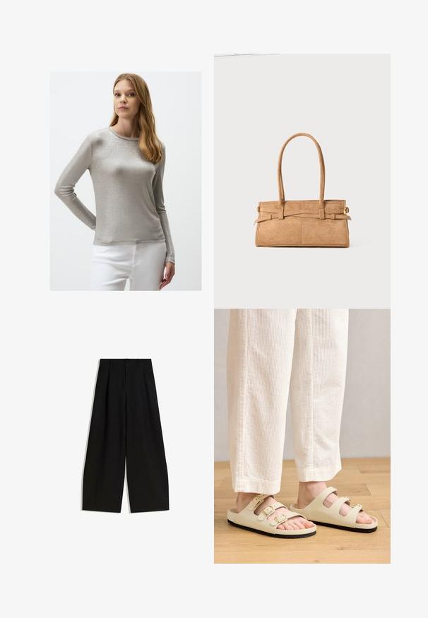 Długosolutionsowy srebrny top o gładkiej teksturze i okrągłym dekolcie, zestawiony z białymi spodniami o dopasowanym kroju.; Czarne spodnie szerokie z gładkiego materiału, z wysokim stanem, plisami z przodu i bez widocznych ozdób czy wzorów.; Jasno-beżowe sandały z trzema regulowanymi paskami z metalowymi klamrami, wyściełaną wkładką oraz czarną gumową podeszwą.; Torebka z brązowego zamszu z dwoma długimi uchwytami, prostokątnym kształtem i dekoracyjnym przeszyciem. Posiada boczny pasek oraz subtelne akcenty w kolorze złotym.