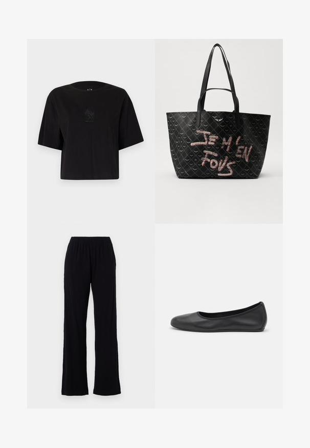 Black cropped t-shirt made of soft cotton, featuring short sleeves and a round neckline. Centered logo detail in a glossy finish.; Black, lightweight, elastic waist pants with a straight leg design. Soft texture with no visible patterns or accents. Simple and versatile style.; Black leather ballet flat with a rounded toe, smooth texture, minimal stitching detail, and a flexible sole design.; Black tote bag with textured material featuring a diamond pattern, shoulder straps, and bold red and white text reading “JE M'EN FOUS.”