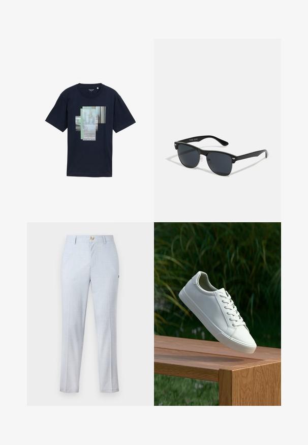 Mørkeblå bomulds T-shirt med lagdelt grafisk design, der har teksten "PRESS >>> PLAY" og mærkenavnet "TOM TAILOR" i hvid. Korte ærmer.; Lyseblå bukser i vævet stof, der har en klassisk pasform, lige ben, forlommer og knaplukning. Delikat mønsterdetalje.; Hvide snørresneakers svævende over en træbænk med grønne planter i baggrunden, der fremhæver skodesign og tekstur.; Sorte solbriller med rektangulær form, mørke linser, sølvdetaljer ved tindingerne og en mat finish på stellet.
