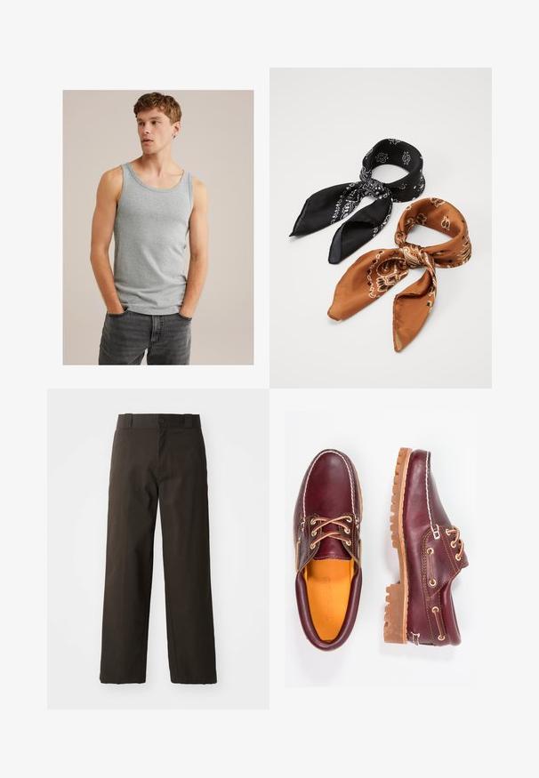 Giovane uomo con capelli castano chiaro, indossa una canotta grigia senza maniche e jeans grigi scuri, con le mani in tasca, guarda di lato.; Camicia bianca con colletto classico, maniche lunghe e orlo arrotondato; presenta un piccolo logo arancione sul lato sinistro in basso.; Pantaloni di cotone neri con design a gamba dritta, dotati di chiusura con bottone e vita classica. Texture liscia, senza pattern né accenti.; Scarpe in pelle bordeaux con suole in gomma marrone, punta rotonda, cuciture bianche e occhielli dorati. L'interno presenta un rivestimento giallo.; Due sciarpe con motivi: una nera con disegni bianchi, l'altra marrone con accenti arancioni. Entrambe sono realizzate in satin e presentano estremità appuntite.