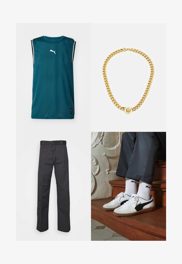 Puma WINNING SHOT TANK - Topp - cold green; Mustadest kangast püksid, mis on valmistatud vastupidavast materjalist, sirge jala disainiga, vöökoha jaoks nööbid ja õmblused lisatekstuuri saavutamiseks.; Puma tossud valgest ja mustast südamikust, millel on pruun kummi tall. Kombineeritud valgete sokkidega, millel on must logo, kantud tumedate pükstega.; Kuldne kett kaelakee suurte omavahel ühendatud linkidega, mille keskel on ringikujuline ripats, millel on kõrgendatud emblem.