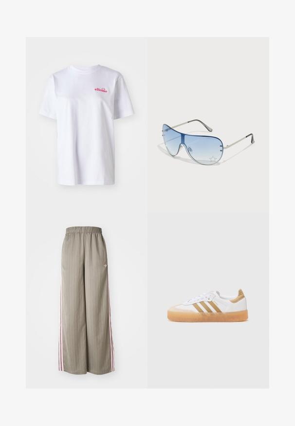 Fehér pamut póló kerek nyakkal és rövid ujjal. Az előoldalán, a bal mellen egy kis rózsaszín hímzett logó található.; Világos olíva zöld, széles szárú nadrág, függőleges csíkokkal, rugalmas derékkal és rózsaszín oldalsávokkal. Az oldalon egy kis logó található.; Fehér sneaker bézs akcentusokkal, három csíkkal, lekerekített orral és átlátszó gumitalppal. Simas bőr és textil anyagok.; Pilóta napszemüveg, melynek áttetsző kék lencséje, ezüst fém kerete és díszes csillag díszítések találhatók a lencsén. Simogató és elegáns dizájn.