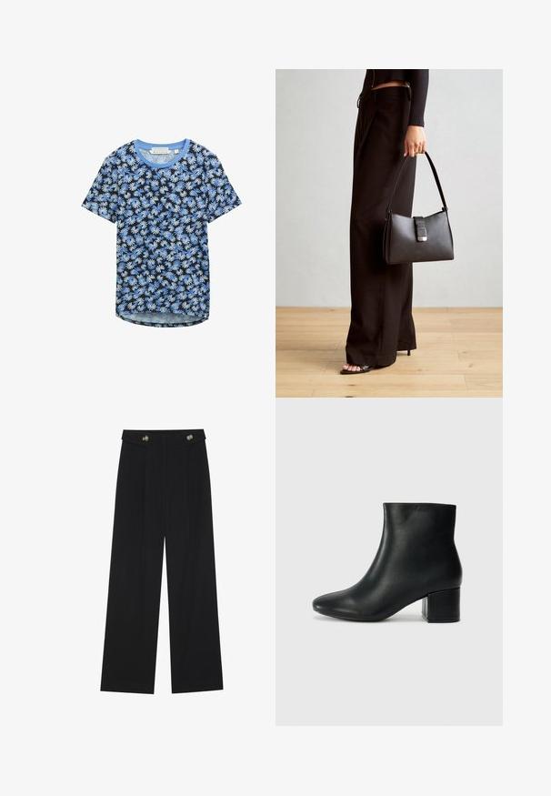 TOM TAILOR DENIM Paprasti marškinėliai - blue flower print; Juodi plačios kojos kelnės su aukštu liemeniu, sagų detalėmis ant liemens ir priekinėmis raukšlėmis.; Juodos odinės aulinės botai su smailiu priekiniu pirštu ir storu kulnu. Lygus tekstūra su minimaliomis detalėmis ir elegantišku, tvirtai priglundančiu dizainu.; Juodas rankinė struktūrizuota forma, lygi tekstūra ir metalinis užsegimas. Suporuota su plačiomis juodomis kelnėmis ir atvirais bateliais ant medinių grindų.