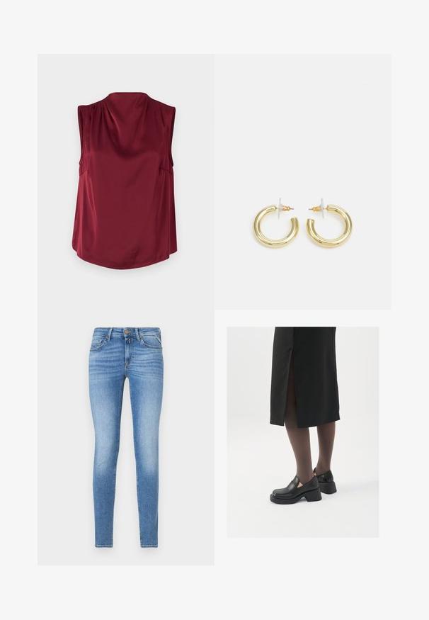 Bez piedurknēm burgundijas satīna topiņš, ar brīvu piegriezumu, apaļu kakla izgriezumu un maigi krītošu aizmuguri ar smalkiem krokām.; Šauri gaismis zili džinsi ar vidēju jostas augstumu, priekšējo pogu un piecu kabatu dizainu.; Melni ādas apavi ar noapaļotu purngalu, biezām bloku papēžiem un elastīgiem sānu akcentiem, apvienoti ar tumšām zeķubiksēm un melnu svārku ar šķirbu.; Zelta auskari ar gludu, spīdīgu apdari. Apaļš dizains, kas ietver mazu tapu un caurspīdīgu pamatni drošai valkāšanai.