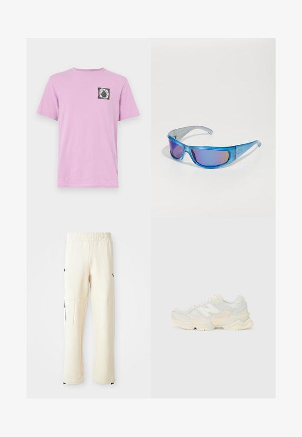 Pink cotton t-shirt with short sleeves. Features a black graphic design on the left chest area. Simple crew neckline, regular fit.; Light beige sweatpants made from soft fabric. Features a black logo, side pockets with zippers, and a relaxed fit.; Lightweight sneaker featuring a mesh and suede upper in soft cream tones, with a chunky sole and three-dimensional accents.; Blue sunglasses with a translucent frame, mirrored lenses showing a gradient tint, and a sporty design for secure fit during activities.
