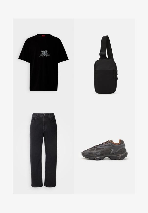 Black cotton t-shirt with a round neck, short sleeves, and a front graphic design in silver featuring floral and emblematic details.; Black denim jeans with a straight cut, five pockets, and contrasting stitching. Features a button closure and belt loops on the waistband.; Lacoste sneakers in dark gray with mesh and synthetic material, featuring a textured sole and brown accents on the collar and branding.; Black crossbody bag made of durable fabric, featuring a single adjustable strap, a zippered main compartment, and a front pocket.