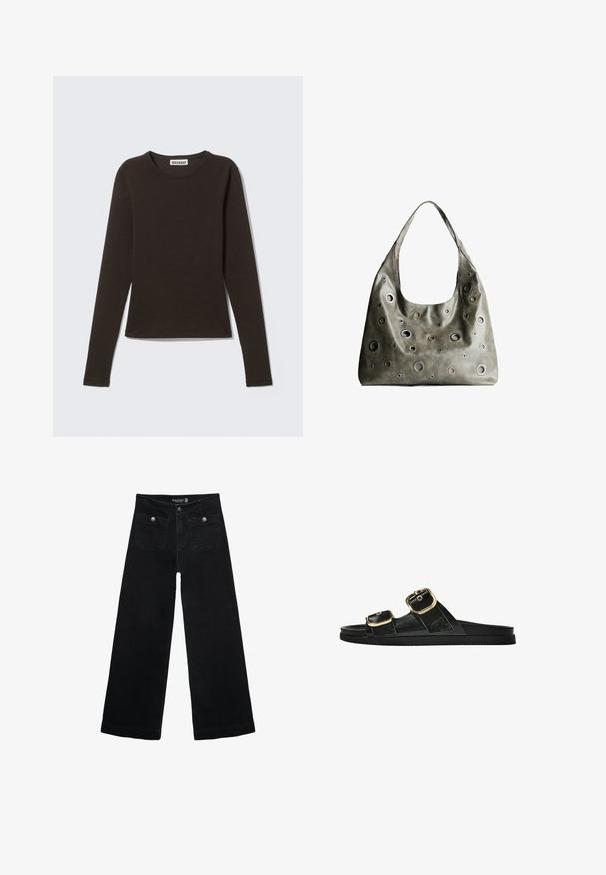 Long-sleeved, round-neck top in dark brown, constructed from smooth cotton jersey with a fitted silhouette and minimal design.; Black wide-leg jeans with a high waist, featuring two front pockets and metal button accents. The fabric has a smooth texture.; Black slide sandal with two gold buckle accents, smooth textured material, flat sole, and a minimalist design.; Olive green leather handbag with a slouchy design, featuring various sized circular cutouts and accents in darker and lighter shades.