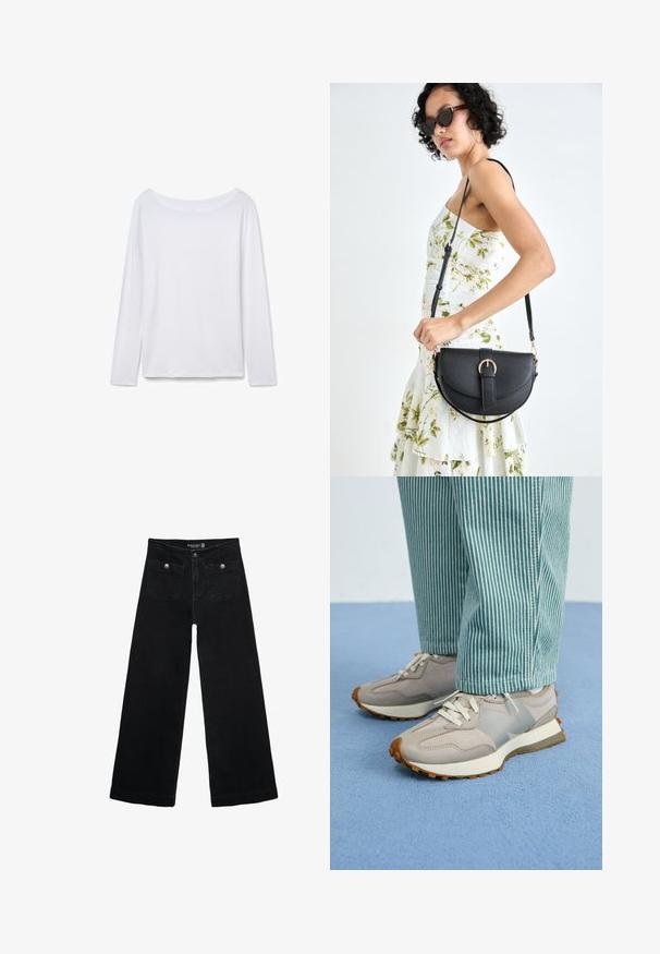 Langærmet hvid skjorte med vid halsudskæring, lavet af blødt stof. Glat tekstur, lige kant og ingen synlig hardware eller mønstre.; Sorte vidde jeans med høj talje, der har to forlommer og metalknapdetaljer. Stoffet har en glat tekstur.; Grå sneakers med ruskind- og mesh-paneler, hvide snørebånd og en struktureret sål. Båret med teal-stribede bukser. Blå tekstureret baggrund.; Sort læderhåndtaske med en buet form, aftagelig rem og guldfinish. Tasken har en klap med en spænde detalje.