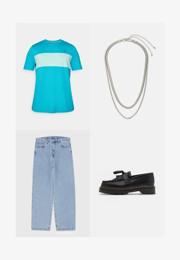 T-shirt atlético de mangas curtas em turquesa brilhante e azul claro; tecido leve e respirável com design de riscas horizontais e logótipo.; Jeans de denim azul claro com design de perna reta, apresentando uma cintura de altura média, cinco bolsos e um fecho de botão e zíper.; Mocassim de couro preto com um detalhe de franjas, apresentando uma sola preta robusta e costura amarela ao longo da borda. Acabamento texturizado.; Colar de metal prateado em três camadas, com correntes flexíveis e elegantes que possuem um leve brilho, fechado com um fecho de lagosta e corrente ajustável.