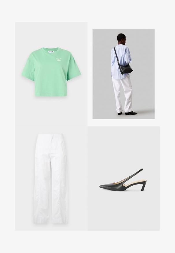 Piparmētru zaļas īsās piedurknes t-krekls, kas izgatavots no kokvilnas, ar apaļu kakla izgriezumu. Uz krūtīm atrodas balts Lacoste logo.; Baltas, plaša kāju bikses, izgatavotas no viegla auduma, ar gludu tekstūru, tīrām līnijām un augstu jostasvietu.; Melna, ar smailu purngalu, slingback kurpe ar zemu papēdi, izgatavota no gludas ādas materiāla un ar izgriezumiem sānos gaisa caurlaidībai.; Melna ādas plecu soma ar mīkstu tekstūru, trīsstūra formu un regulējamu siksnu, apvienota ar gaiši zilu svītrotu krekli un baltām biksēm.