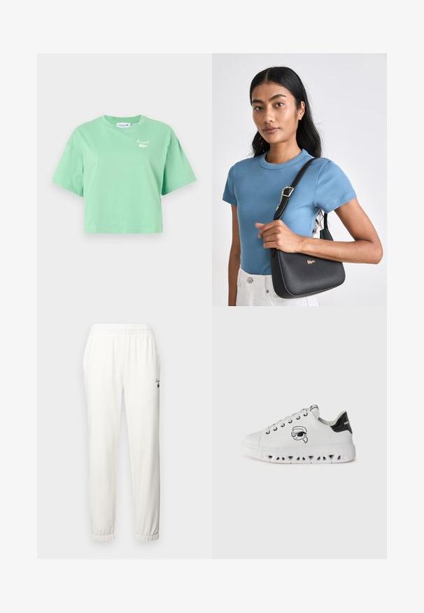 Mentazöld rövidujjú, pamut cropped póló, kerek nyakkivágással. A mellkasán fehér Lacoste logó található.; Fehér melegítőnadrág, rugalmas derékkal, szűkítő mandzsettákkal és egy kis zöld logóval a bal combon. Puha, texturált anyagból készült.; Fehér sportcipők kerek orral, textúrált fehér talppal, melyeken fekete csillogó sarokvédő és napszemüveget viselő, nyomtatott karakter található.; Fekete, textúrált kézitáska ívelt formával, arany logóval kiemelve, párosítva egy bordázott, világoskék, rövid ujjú inggel és fehér nadrággal.