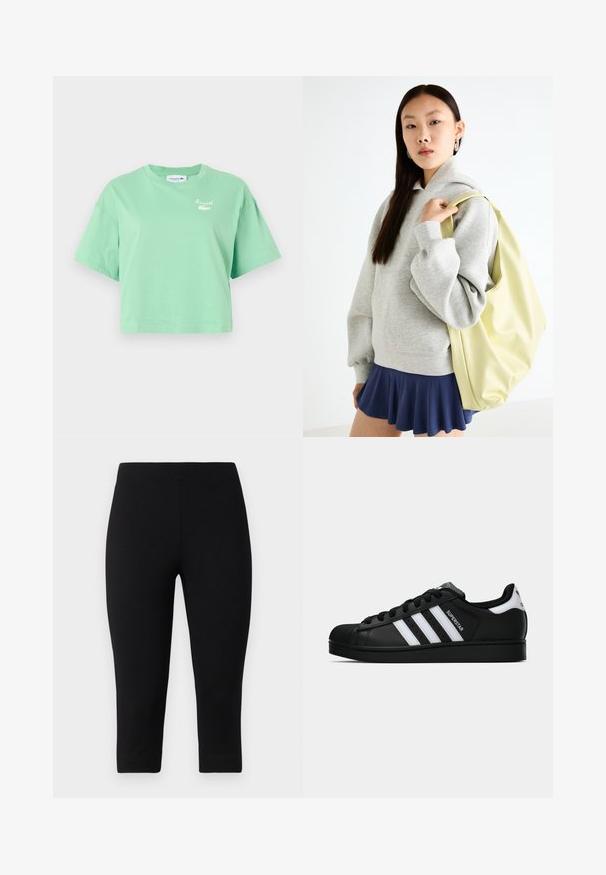 Mint green cropped t-shirt made of cotton, featuring short sleeves and a round neckline. It has a white Lacoste logo on the chest.; Black capri leggings made of stretchy material, featuring a snug fit and smooth texture, with no prominent patterns or accents.; Black Adidas Superstar sneaker with white stripes, shell toe, and "Superstar" text on side, shown in side profile on white background.; Gray oversized hoodie with a kangaroo pocket, paired with a navy flared skirt. Accessory: large light yellow backpack, smooth texture.
