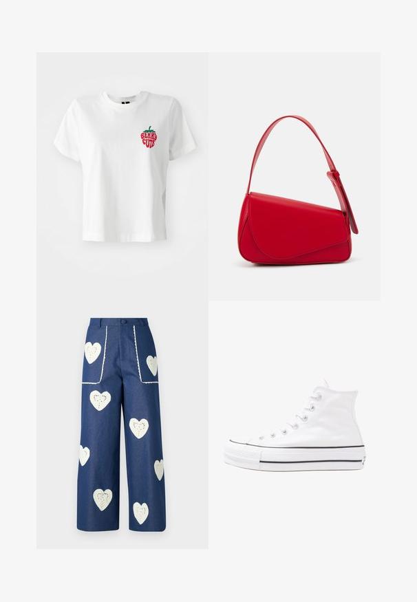 Bela bombažna majica s kratkimi rokavi in okroglo izrezom, ki vsebuje rdečo in zeleno vezeno jagodo z besedilom "BERRY CUTE."; Sister Jane HEART TO HEART - Ravne kavbojke - blue denim; Beli visoki platneni športni čevelj z črnim gumijastim podplatom, sprednjim gumijastim zaščitnikom za prste in šestimi luknjicami za vezalke, ki se ponaša s preprostim, minimalističnim dizajnom.; Rdeča usnjena torba z angularnim, geometrijskim dizajnom. Ima en samostoječ nastavljiv ročaj in pokrov, zaprt z zapiranjem, ki je okrašen s šivi.