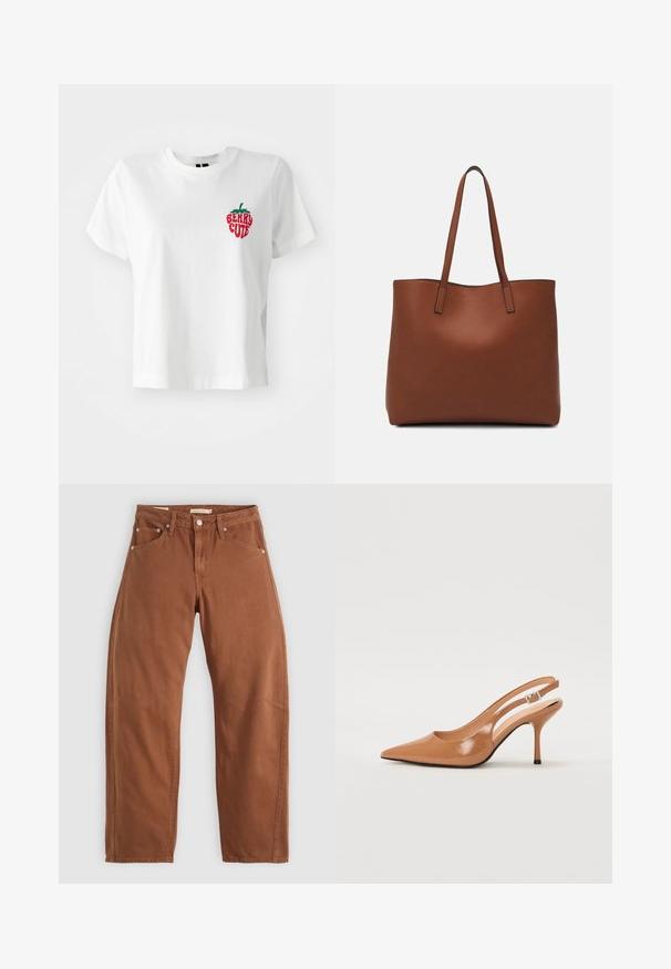 Valge puuvillane t-särk lühikeste varrukatega ja ümmarguse kaelusega, millel on punane ja roheline broderiõmblusega maasikas ning tekst "BERRY CUTE."; Rostpruun sirged püksid ees- ja taga-taskutega, metallist nurgad, nööbiga sulgemine ja vööloopidega, lamades tasaseks valgel taustal.; Küüntega slingback konts, mis on valmistatud siledast ja läikivast tan värvi materjalist. Omab kaarjat lõigatud disaini ja õhukest stiletto kontsa. Hõbedane pandla detail.; Pruun nahast tote-kott, millel on sile tekstuur, avatud ülaosa disain ja kaks õlarihma. Omab minimaalset õmblust ja nähtavat riistvara ei ole.