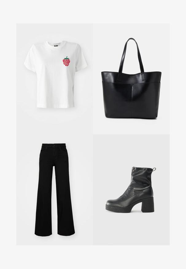 Bílý bavlněný tričko s krátkými rukávy a kulatým výstřihem, zdobené vyšívanou jahodou v červené a zelené barvě s nápisem "BERRY CUTE."; Černé široké kalhoty vyrobené z denimu, s pevným pasem, poutky na opasek a předními kapsami. Hladká textura s klasickým designem.; Černé kotníkové boty vyrobené z hladké kůže, s bočním zipem, robustním strukturovaným podpatkem a kulatou špičkou.; Černá kožená taška s dlouhými ušima, hladkým povrchem a strukturovaným tvarem. Obsahuje přední kapsu pro další úložný prostor.