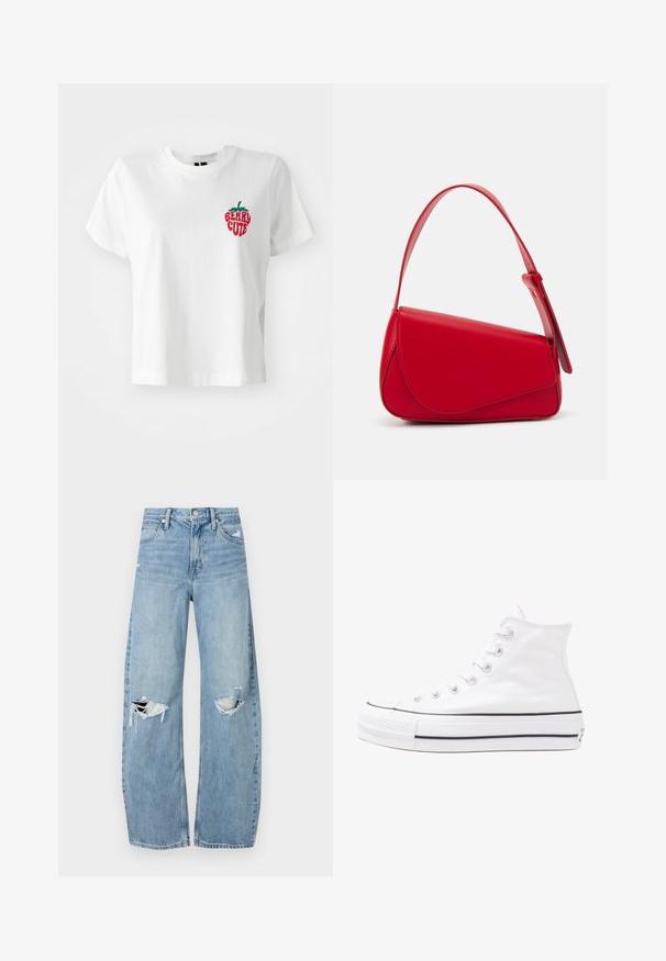 White cotton t-shirt with short sleeves and a round neckline, featuring a red and green embroidered strawberry with the text "BERRY CUTE."; Light blue, high-waisted jeans made of denim. Feature wide legs, two torn knee areas, and classic five-pocket styling.; White high-top canvas sneaker with black rubber sole, front rubber toe cap, and six eyelets for laces, featuring a clean, minimalist design.; Red leather handbag with an angular, geometric design. Features a single adjustable strap and a flap closure with stitched detailing.