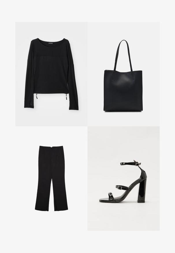 Čierny top s dlhým rukávom a okrúhlym výstrihom, s kontrastnou textúrou na pleciach a nastaviteľnými bočnými šnúrkami. Hladká, ľahká tkanina.; Čierne nohavice so strihom rovného strihu, s prednými vreckami a bočnými rozparkami na leme. Vyrobené z mäkkej, hladkej tkaniny. Vhodné na rôzne príležitosti.; Čierne lakované sandále na podpätku so štvorcovou špičkou, navlečenými remienkami okolo členku a striebornými prackami. Disponujú masívnym blokovým podpätkom pre stabilitu.; Čierna kožená taška na rameno s hladkým povrchom, obdĺžnikovým tvarom a dvoma dlhými uchami. Bez viditeľného kovania alebo ozdôb.