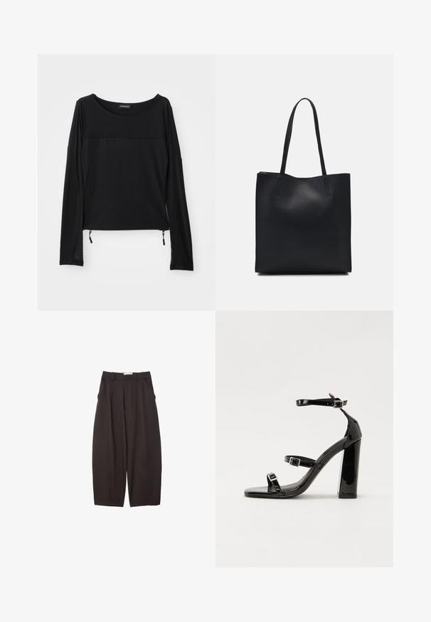 Črna dolga majica z dolgimi rokavi in okroglo izrezano ovratnikom, kontrastno teksturo na ramenih ter nastavljivimi stranskimi vrvicami. Gladek, lahek material.; Črne široke hlače iz gladkega materiala, z visokim pasom, zgornjimi pregibi in stranskimi žepi. Preprost dizajn brez okrasnih elementov.; Črne lakirane sandale s peto, kvadratnim prstom, trakovi okrog gležnja in srebrnimi zaponkami. Opremljene so s stabilno Debelo peto.; Črna usnjena torba s svilnato teksturo, pravokotne oblike in dvema dolgima ročajema. Brez vidnih metalnih delov ali okrasnih elementov.