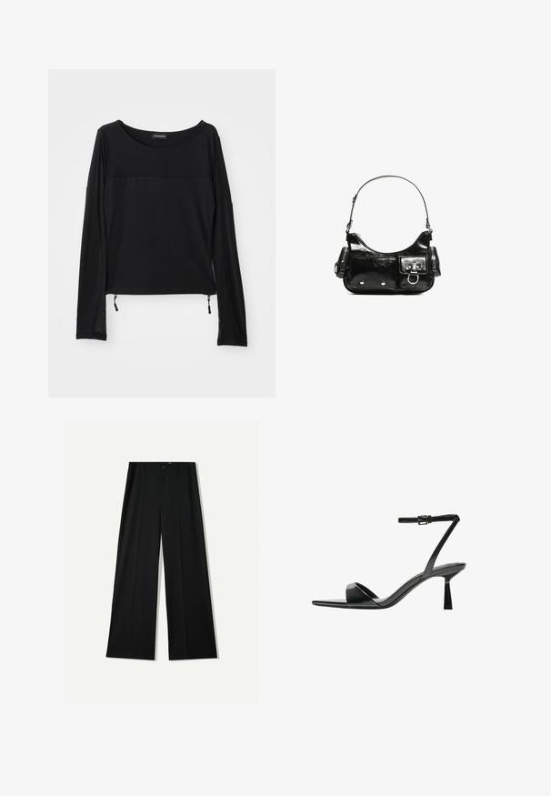 Black long-sleeve top with a round neckline, contrasting texture at the shoulders, and adjustable side drawstrings. Smooth, lightweight fabric.; Bershka WIDE - Trousers - black; Bershka High heeled sandals - black; Black patent leather handbag with a curved shape, one shoulder strap, front pockets, and silver-tone hardware accents.