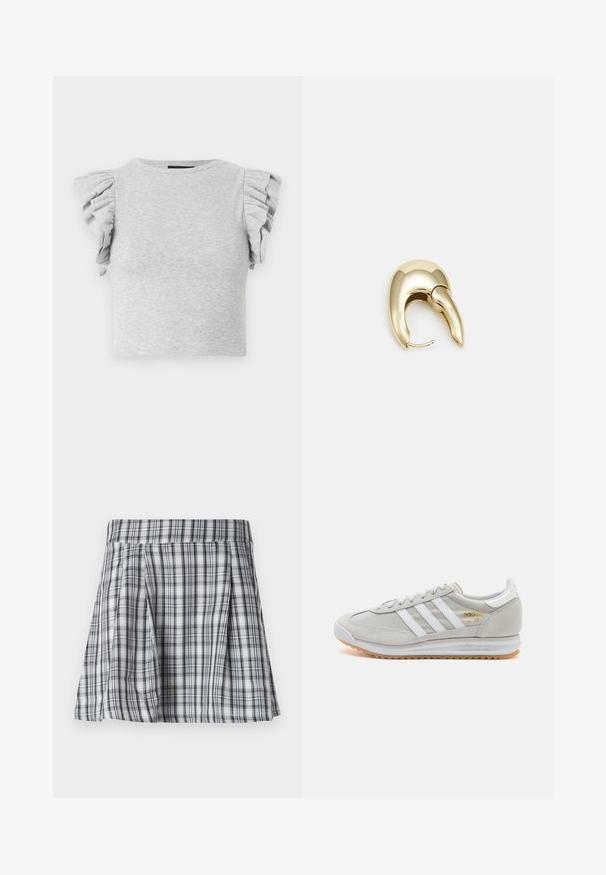 Sivý rebrovaný pletený crop top s krátkymi volánovými rukávmi a okrúhlym výstrihom. Hladká textúra, priliehavý strih a žiadne viditeľné grafiky alebo vzory.; Sukňa v mini dĺžke v šedej a bielej farbe s kockovaným vzorom, ktorá má skladanú časť a pás. Vyrobená z ľahkej tkaniny, s vertikálnymi a horizontálnymi pruhmi.; Svetlosivé tenisky vyrobené z kože a sieťoviny, s tromi bielymi pruhmi, okrúhlou špičkou a gumovou podrážkou. Zlatý logový akcent pri šnúrkach.; Náušnice z kovu v zlatej farbe s elegantným, zakriveným dizajnom. Majú charakteristický špicatý tvar, leštený povrch a uzáver na pánt.